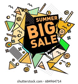 Summer sale memphis style web banner. Fashion and travel discount poster. Vector holiday Abstract colorful illustration with special offer and promotion.