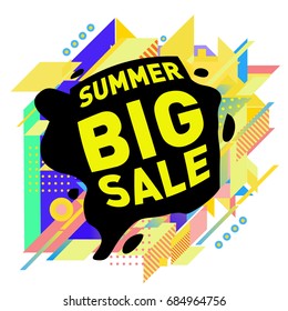 Summer sale memphis style web banner. Fashion and travel discount poster. Vector holiday Abstract colorful illustration with special offer and promotion.