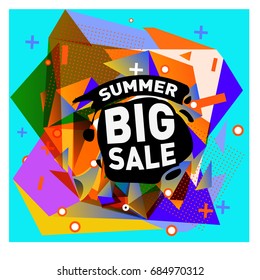 Summer sale memphis style web banner. Fashion and travel discount poster. Vector holiday Abstract colorful illustration with special offer and promotion.