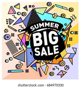 Summer sale memphis style web banner. Fashion and travel discount poster. Vector holiday Abstract colorful illustration with special offer and promotion.