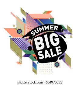 Summer sale memphis style web banner. Fashion and travel discount poster. Vector holiday Abstract colorful illustration with special offer and promotion.