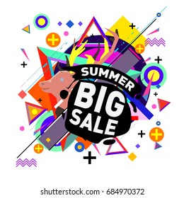 Summer sale memphis style web banner. Fashion and travel discount poster. Vector holiday Abstract colorful illustration with special offer and promotion.