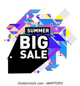 Summer sale memphis style web banner. Fashion and travel discount poster. Vector holiday Abstract colorful illustration with special offer and promotion.