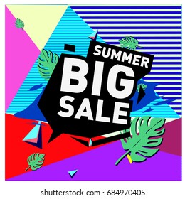 Summer sale memphis style web banner. Fashion and travel discount poster. Vector holiday Abstract colorful illustration with special offer and promotion.