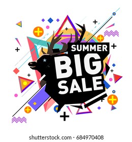 Summer sale memphis style web banner. Fashion and travel discount poster. Vector holiday Abstract colorful illustration with special offer and promotion.