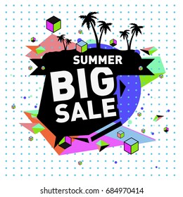 Summer sale memphis style web banner. Fashion and travel discount poster. Vector holiday Abstract colorful illustration with special offer and promotion.