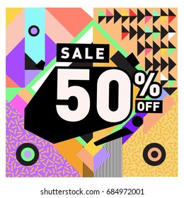 Summer sale memphis style web banner. Fashion and travel discount poster. Vector holiday Abstract colorful illustration with special offer and promotion.