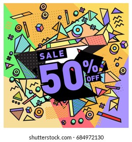 Summer sale memphis style web banner. Fashion and travel discount poster. Vector holiday Abstract colorful illustration with special offer and promotion.