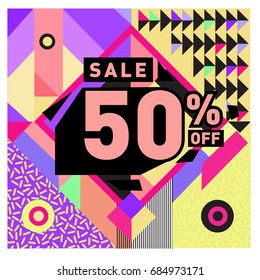 Summer sale memphis style web banner. Fashion and travel discount poster. Vector holiday Abstract colorful illustration with special offer and promotion.