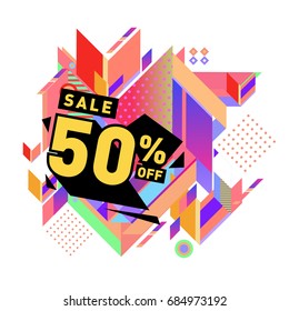 Summer sale memphis style web banner. Fashion and travel discount poster. Vector holiday Abstract colorful illustration with special offer and promotion.