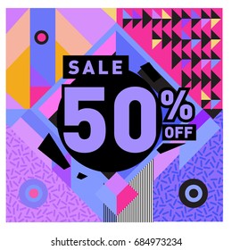Summer sale memphis style web banner. Fashion and travel discount poster. Vector holiday Abstract colorful illustration with special offer and promotion.