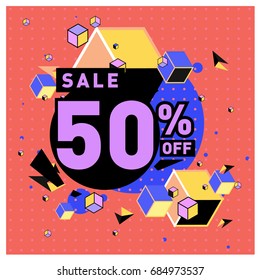 Summer sale memphis style web banner. Fashion and travel discount poster. Vector holiday Abstract colorful illustration with special offer and promotion.