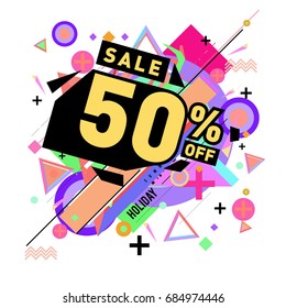 Summer sale memphis style web banner. Fashion and travel discount poster. Vector holiday Abstract colorful illustration with special offer and promotion.