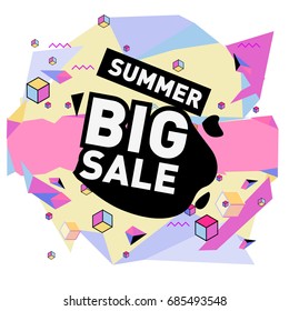Summer sale memphis style web banner. Fashion and travel discount poster. Vector holiday Abstract colorful illustration with special offer and promotion.