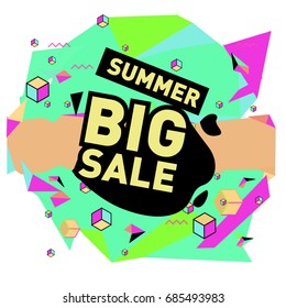 Summer sale memphis style web banner. Fashion and travel discount poster. Vector holiday Abstract colorful illustration with special offer and promotion.