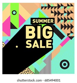 Summer sale memphis style web banner. Fashion and travel discount poster. Vector holiday Abstract colorful illustration with special offer and promotion.