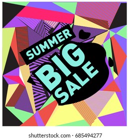 Summer sale memphis style web banner. Fashion and travel discount poster. Vector holiday Abstract colorful illustration with special offer and promotion.