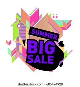 Summer sale memphis style web banner. Fashion and travel discount poster. Vector holiday Abstract colorful illustration with special offer and promotion.