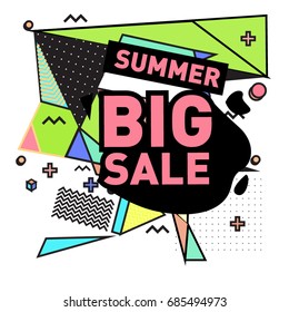 Summer sale memphis style web banner. Fashion and travel discount poster. Vector holiday Abstract colorful illustration with special offer and promotion.