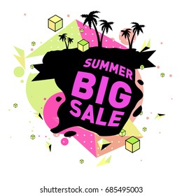 Summer sale memphis style web banner. Fashion and travel discount poster. Vector holiday Abstract colorful illustration with special offer and promotion.