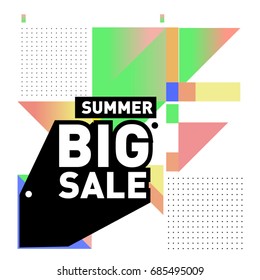 Summer sale memphis style web banner. Fashion and travel discount poster. Vector holiday Abstract colorful illustration with special offer and promotion.