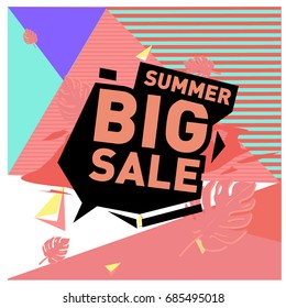 Summer sale memphis style web banner. Fashion and travel discount poster. Vector holiday Abstract colorful illustration with special offer and promotion.