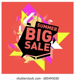 Summer sale memphis style web banner. Fashion and travel discount poster. Vector holiday Abstract colorful illustration with special offer and promotion.