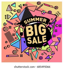 Summer sale memphis style web banner. Fashion and travel discount poster. Vector holiday Abstract colorful illustration with special offer and promotion.