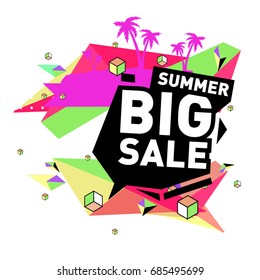 Summer sale memphis style web banner. Fashion and travel discount poster. Vector holiday Abstract colorful illustration with special offer and promotion.