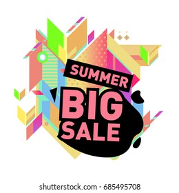 Summer sale memphis style web banner. Fashion and travel discount poster. Vector holiday Abstract colorful illustration with special offer and promotion.