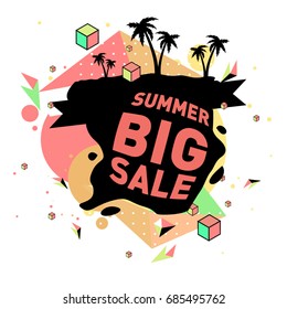 Summer sale memphis style web banner. Fashion and travel discount poster. Vector holiday Abstract colorful illustration with special offer and promotion.