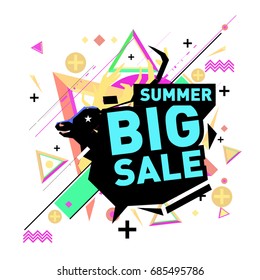 Summer sale memphis style web banner. Fashion and travel discount poster. Vector holiday Abstract colorful illustration with special offer and promotion.
