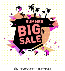 Summer sale memphis style web banner. Fashion and travel discount poster. Vector holiday Abstract colorful illustration with special offer and promotion.