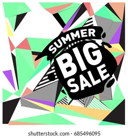 Summer sale memphis style web banner. Fashion and travel discount poster. Vector holiday Abstract colorful illustration with special offer and promotion.