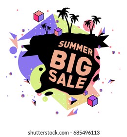 Summer sale memphis style web banner. Fashion and travel discount poster. Vector holiday Abstract colorful illustration with special offer and promotion.