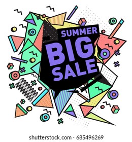 Summer sale memphis style web banner. Fashion and travel discount poster. Vector holiday Abstract colorful illustration with special offer and promotion.