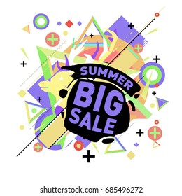 Summer sale memphis style web banner. Fashion and travel discount poster. Vector holiday Abstract colorful illustration with special offer and promotion.