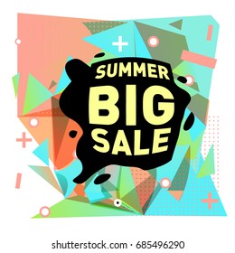 Summer sale memphis style web banner. Fashion and travel discount poster. Vector holiday Abstract colorful illustration with special offer and promotion.