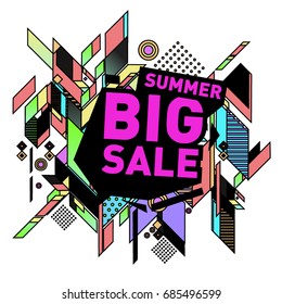 Summer sale memphis style web banner. Fashion and travel discount poster. Vector holiday Abstract colorful illustration with special offer and promotion.