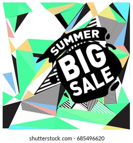 Summer sale memphis style web banner. Fashion and travel discount poster. Vector holiday Abstract colorful illustration with special offer and promotion.