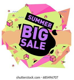 Summer sale memphis style web banner. Fashion and travel discount poster. Vector holiday Abstract colorful illustration with special offer and promotion.
