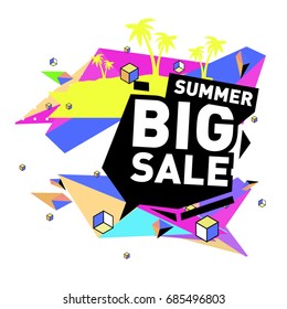 Summer sale memphis style web banner. Fashion and travel discount poster. Vector holiday Abstract colorful illustration with special offer and promotion.