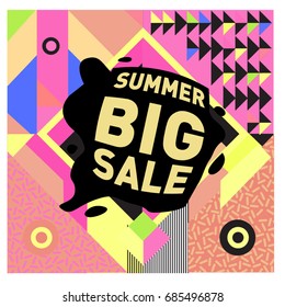 Summer sale memphis style web banner. Fashion and travel discount poster. Vector holiday Abstract colorful illustration with special offer and promotion.