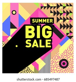 Summer sale memphis style web banner. Fashion and travel discount poster. Vector holiday Abstract colorful illustration with special offer and promotion.