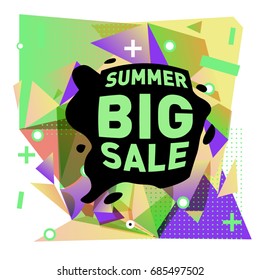 Summer sale memphis style web banner. Fashion and travel discount poster. Vector holiday Abstract colorful illustration with special offer and promotion.