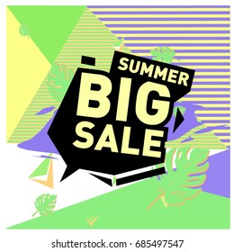 Summer sale memphis style web banner. Fashion and travel discount poster. Vector holiday Abstract colorful illustration with special offer and promotion.