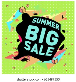 Summer sale memphis style web banner. Fashion and travel discount poster. Vector holiday Abstract colorful illustration with special offer and promotion.