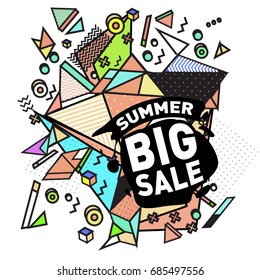 Summer sale memphis style web banner. Fashion and travel discount poster. Vector holiday Abstract colorful illustration with special offer and promotion.