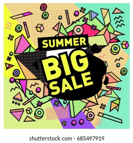 Summer sale memphis style web banner. Fashion and travel discount poster. Vector holiday Abstract colorful illustration with special offer and promotion.