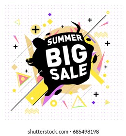 Summer sale memphis style web banner. Fashion and travel discount poster. Vector holiday Abstract colorful illustration with special offer and promotion.